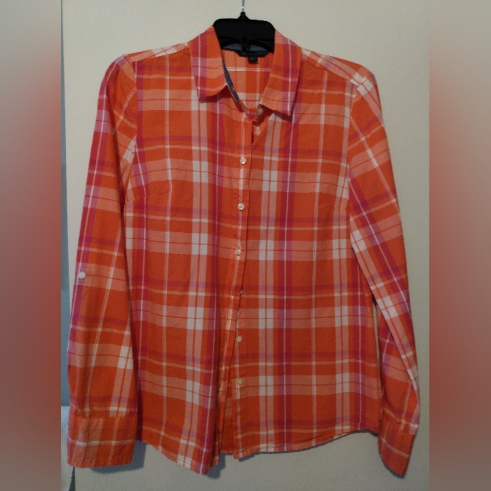 TOMMY HILFIGER Orange, Pink, White Plaid Button-Up Shirt size Medium